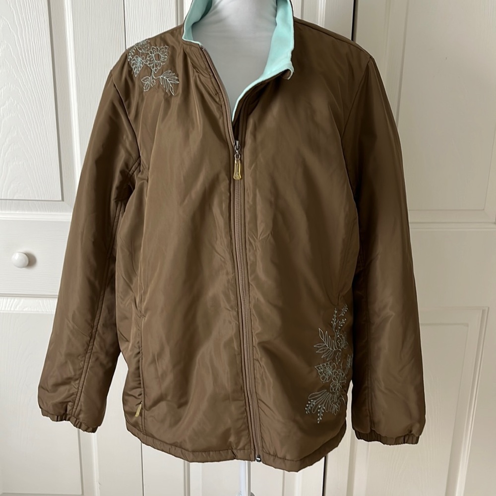 Eddie Bauer Fleece Lined Winter Coat Brown with Turquoise Embroidery Flowers